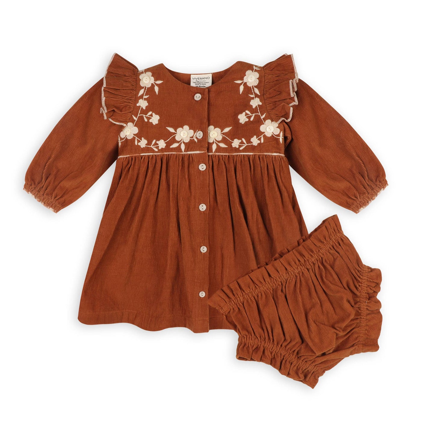 Floral Embroidered Corduroy Baby Dress & Bloomer (Organic)/ Rust Brown