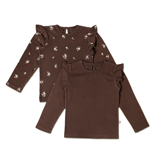 Organic Ruffle Long Sleeve Top Set of 2 - Birch + Dark Brown