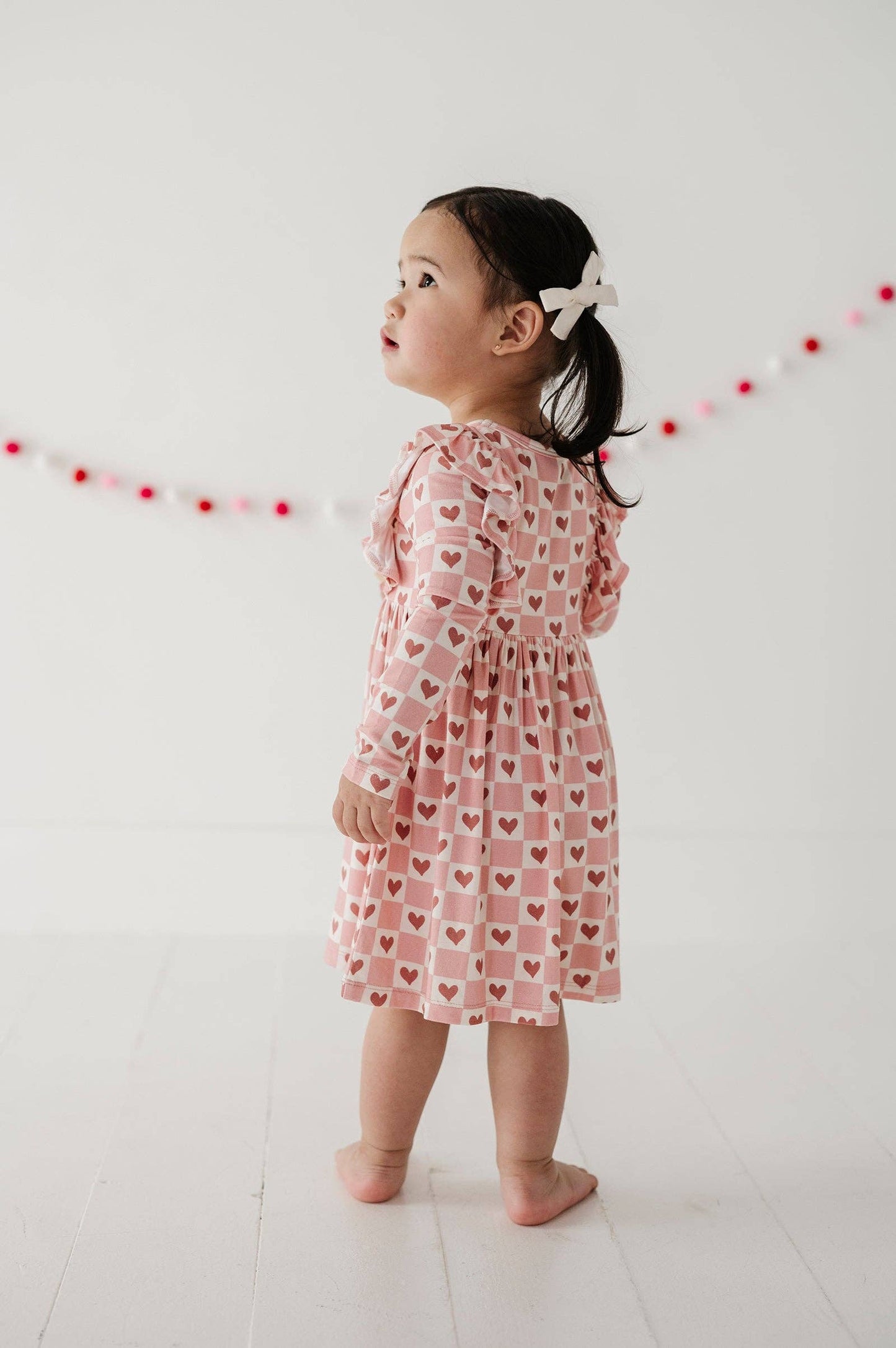 Girl's Long Sleeve Ruffle Dress: Checkered Girl's Hearts