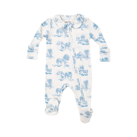 Farm Toile Blue Peter Pan Collar Two Way Zipper Footie